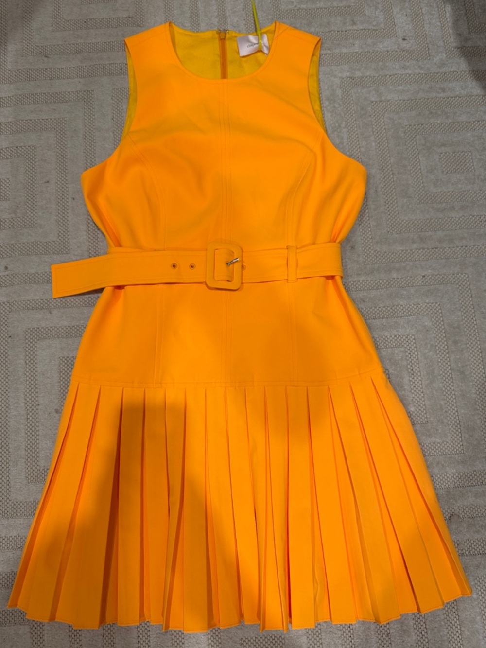 cinq a sept Bright Orange Pleated Belted Sleeveless Dress